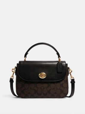 Coach Marlie Brown and Black Signature Satchel with Gold Turnlock